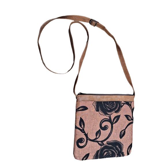 Black velvet Roses Brown Suede Leather Pockets Adjustable Strap Crossbody - Picture 2 of 6